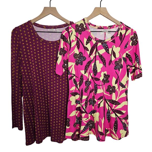 LOGO Lori Goldstein 2pc Tunic Tee Short Long Sleeve Lot S Hot Pink Maroon‎ - Picture 1 of 8